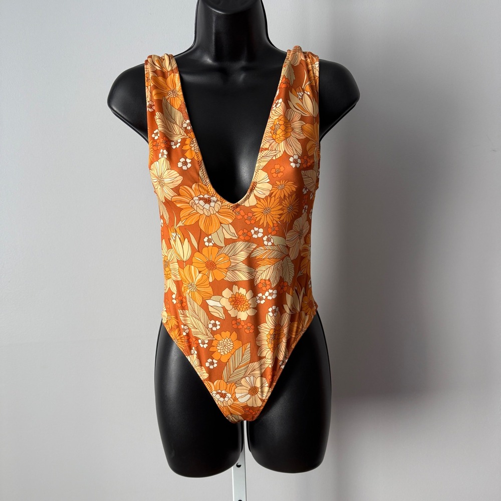 VTG sz  S Orange Floral One Piece‎ Swimsuit Women Excellent 70s Retro Bodysuit
